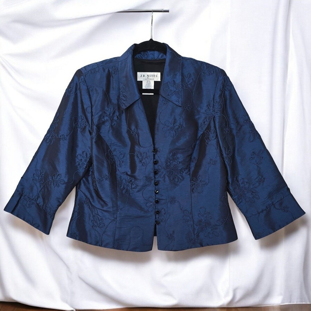 VTG JR Nites by Caliendo Embroidered Floral Button Front‎  Blazer Blue Woman 16